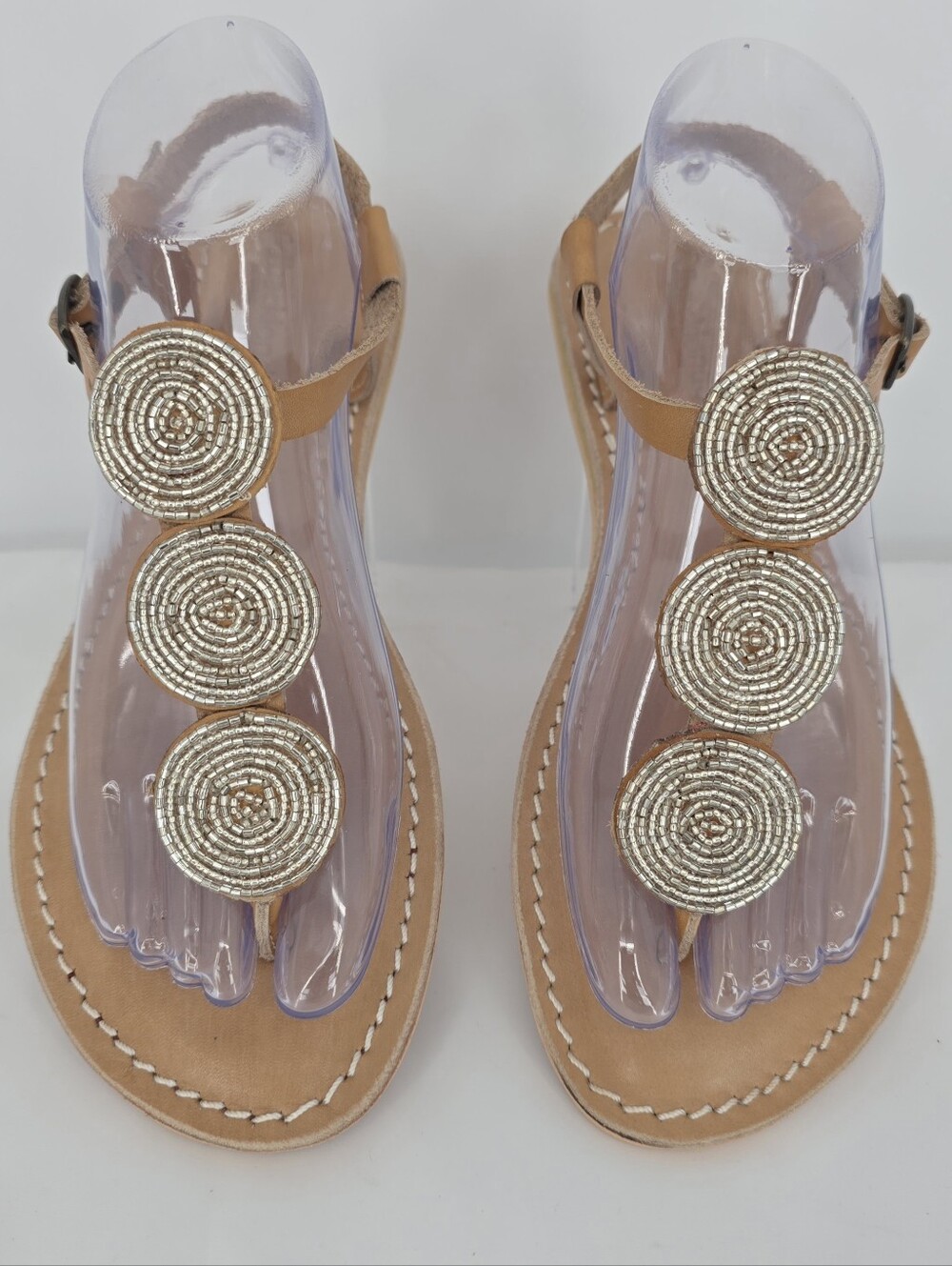 Laidback London Womens 9 EU40 Tan Leather Silver Beaded Thong Sandals Boho